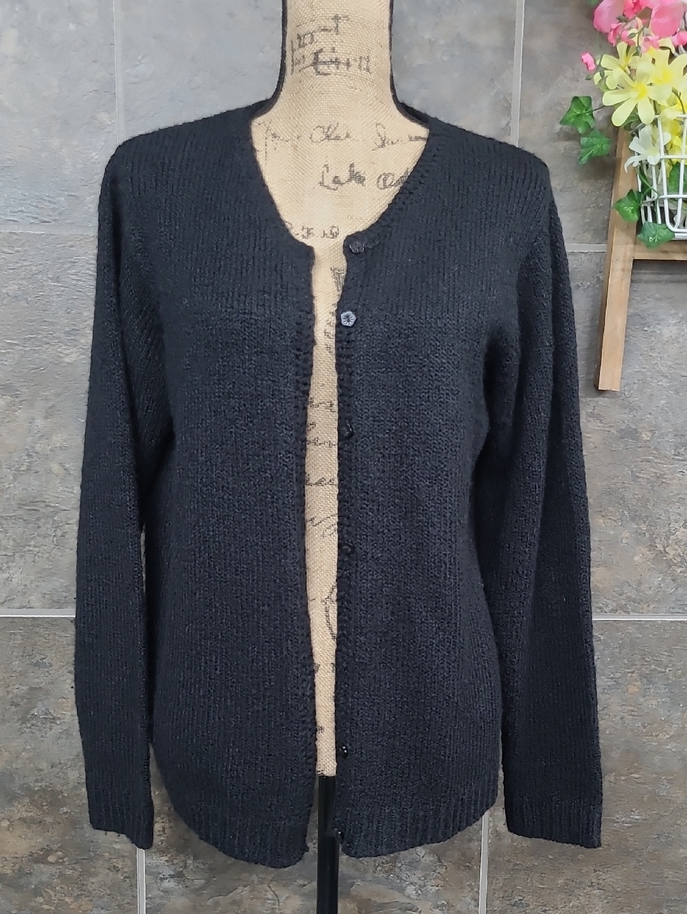 Women's Black Button-Front Crewneck Cardigan